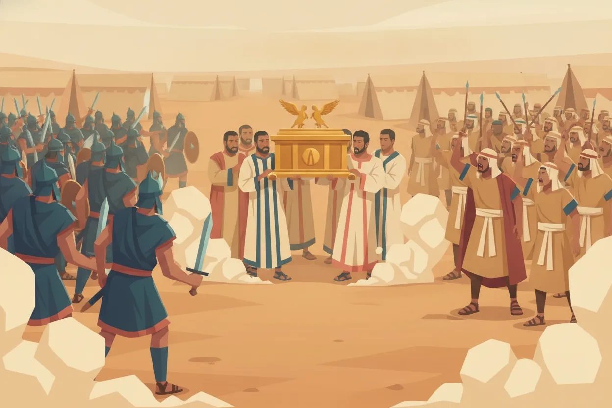 Priests carry the ark toward a camp where Israelite and Philistine armies clash.