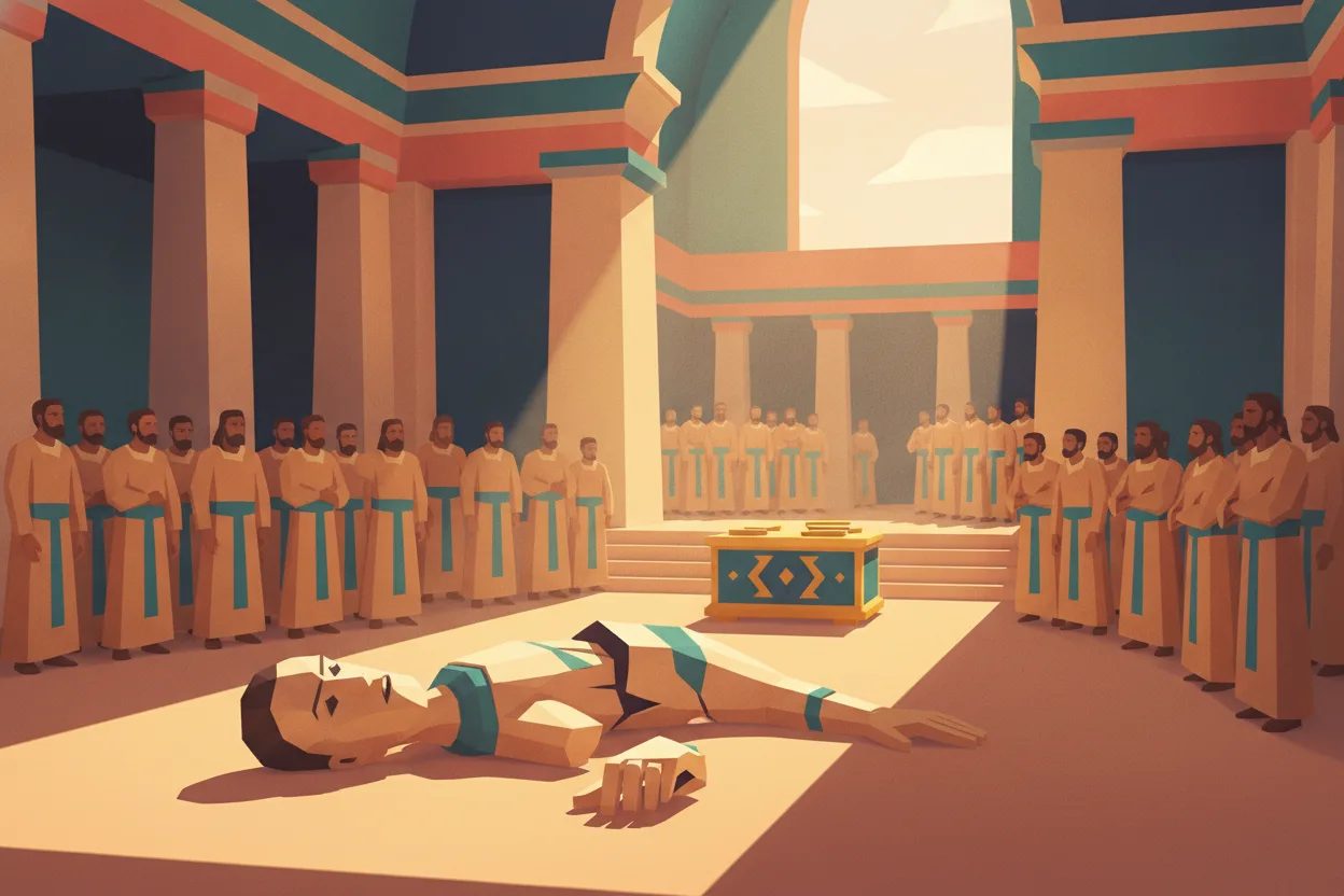Priests find a broken statue, head and hands torn off, before the sacred ark.