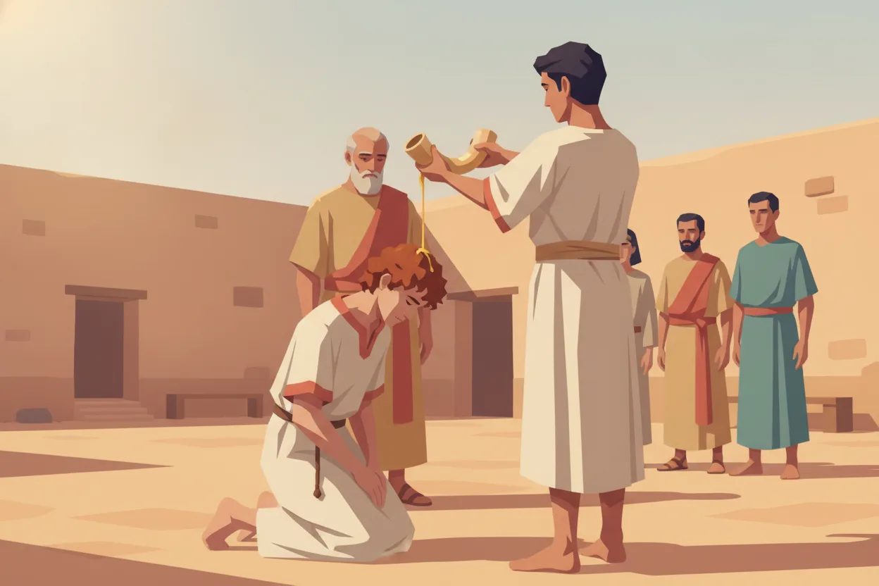 A man pours oil on the head of a kneeling youth before witnesses.
