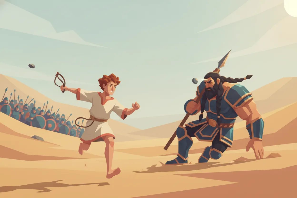 A young shepherd slings a stone at a towering armored giant who staggers.