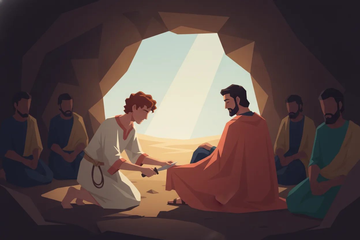 A crouching man cuts a piece of cloak from another sleeping in a cave.