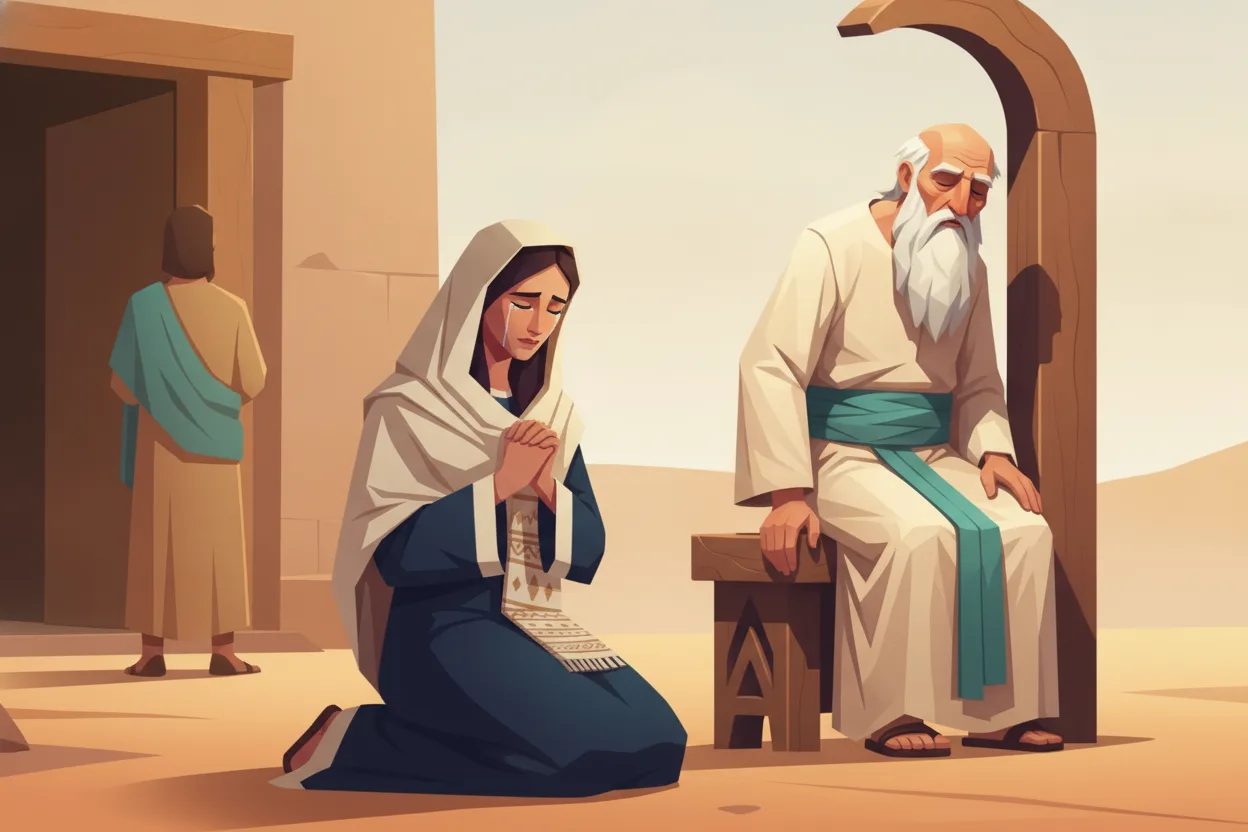 A weeping woman prays with moving lips, watched closely by a seated priest.