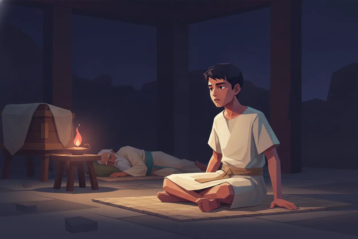 A young boy sits up on his mat, listening to a voice in the dark temple.