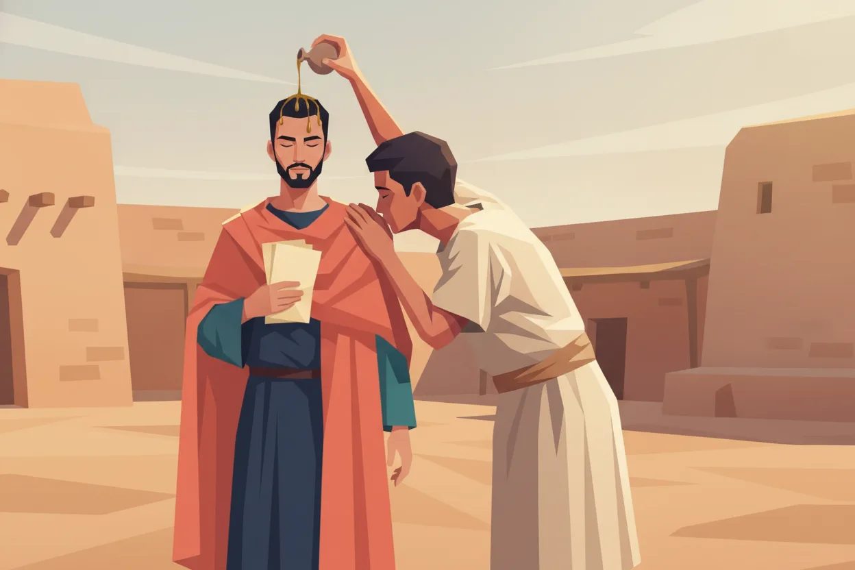A man pours oil on the head of another who stands with bowed head.