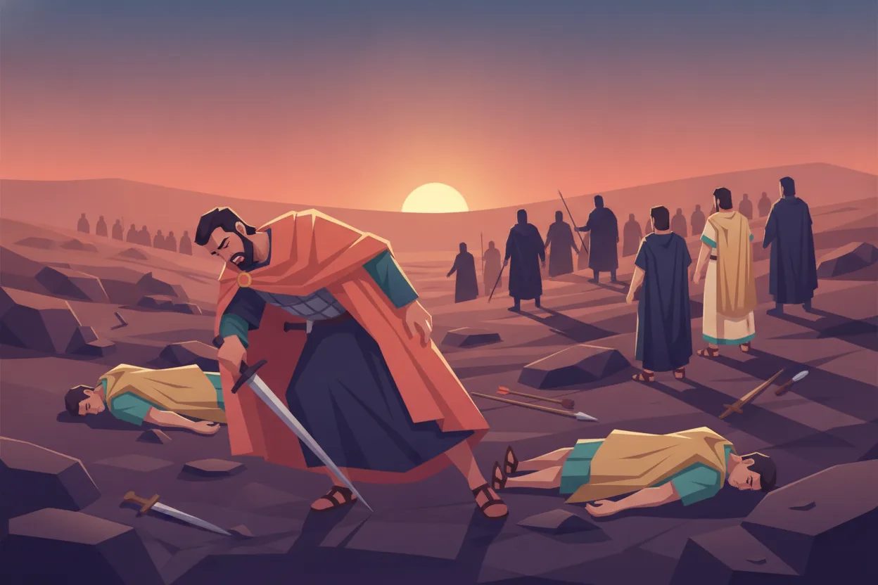 A man falls on his own sword on a battlefield strewn with bodies.