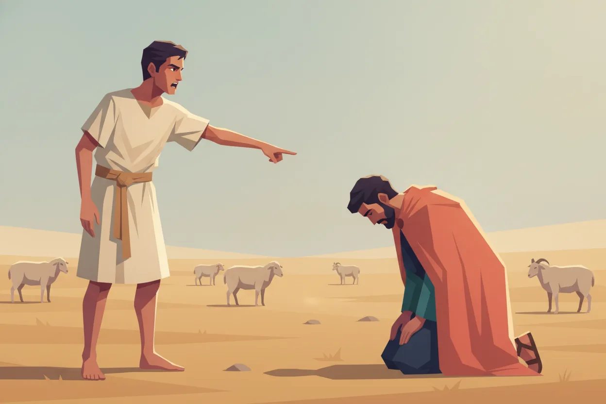 A standing man points at another kneeling with bowed head before him.