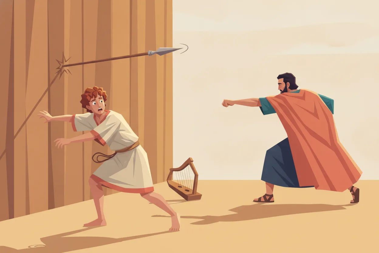 A man hurls a spear at another who throws himself aside to dodge it.
