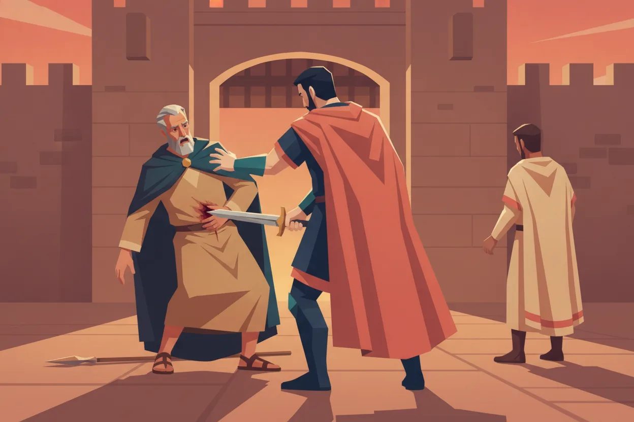 A man in a midnight-blue tunic stabs another man, who collapses forward.