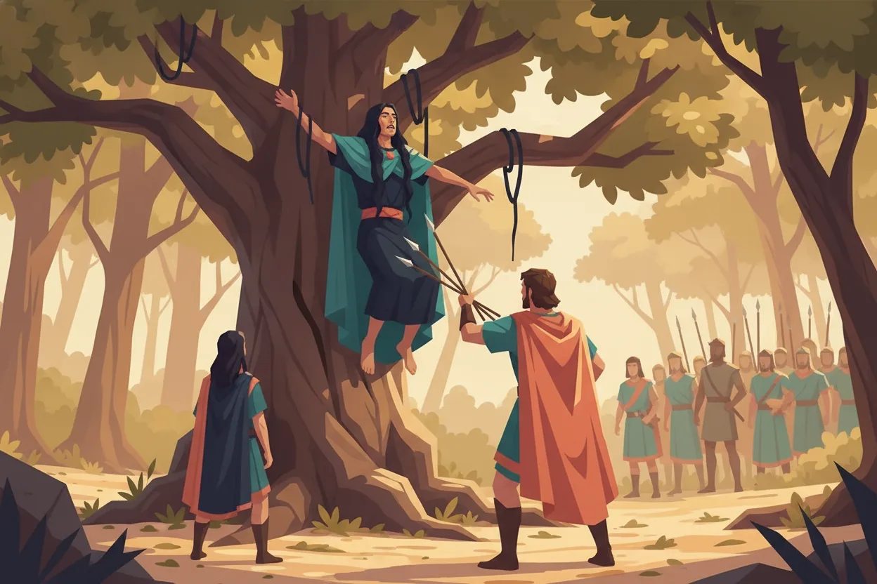 A man hanging by his hair from a tree is pierced by javelins.