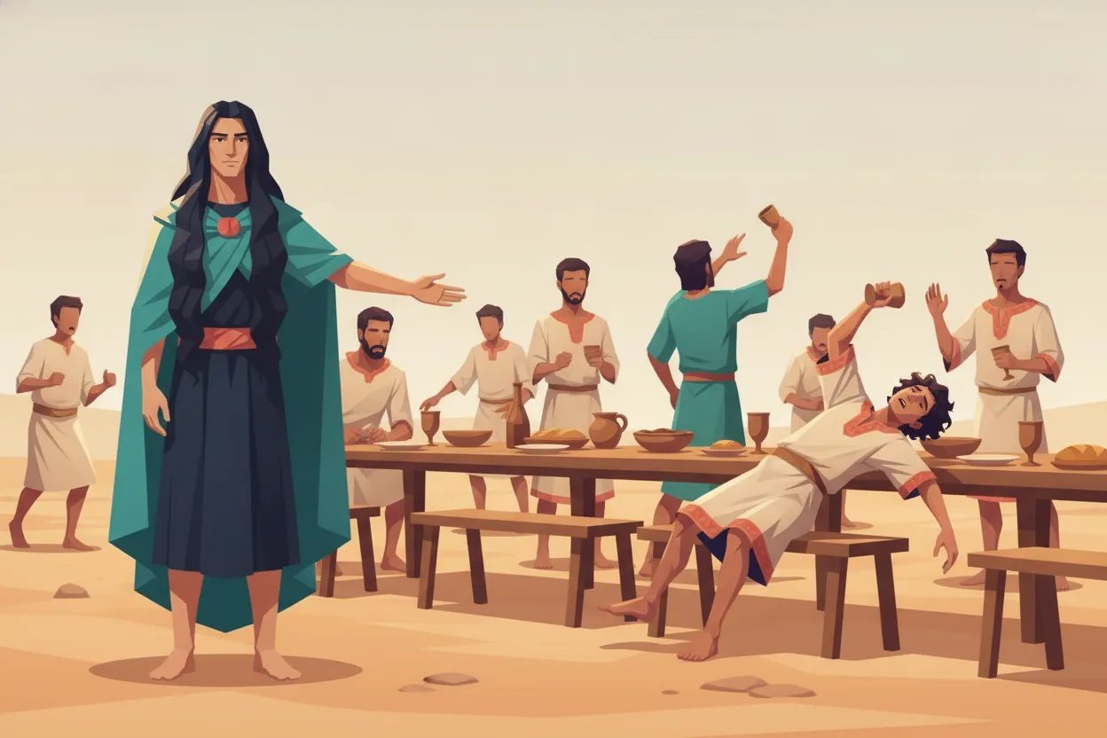 Servants strike a man who collapses at a banquet table.