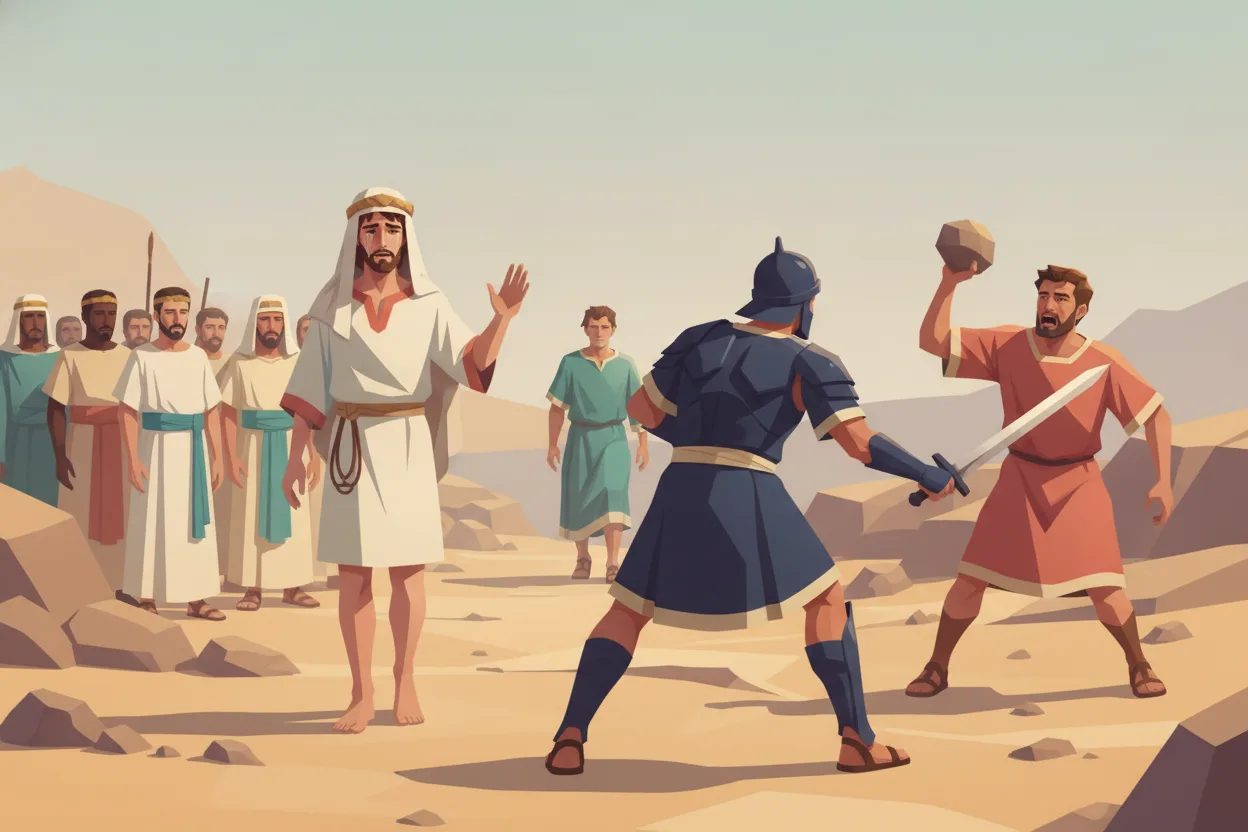 A barefoot, covered-headed man raises his hand to stop a threatening soldier.