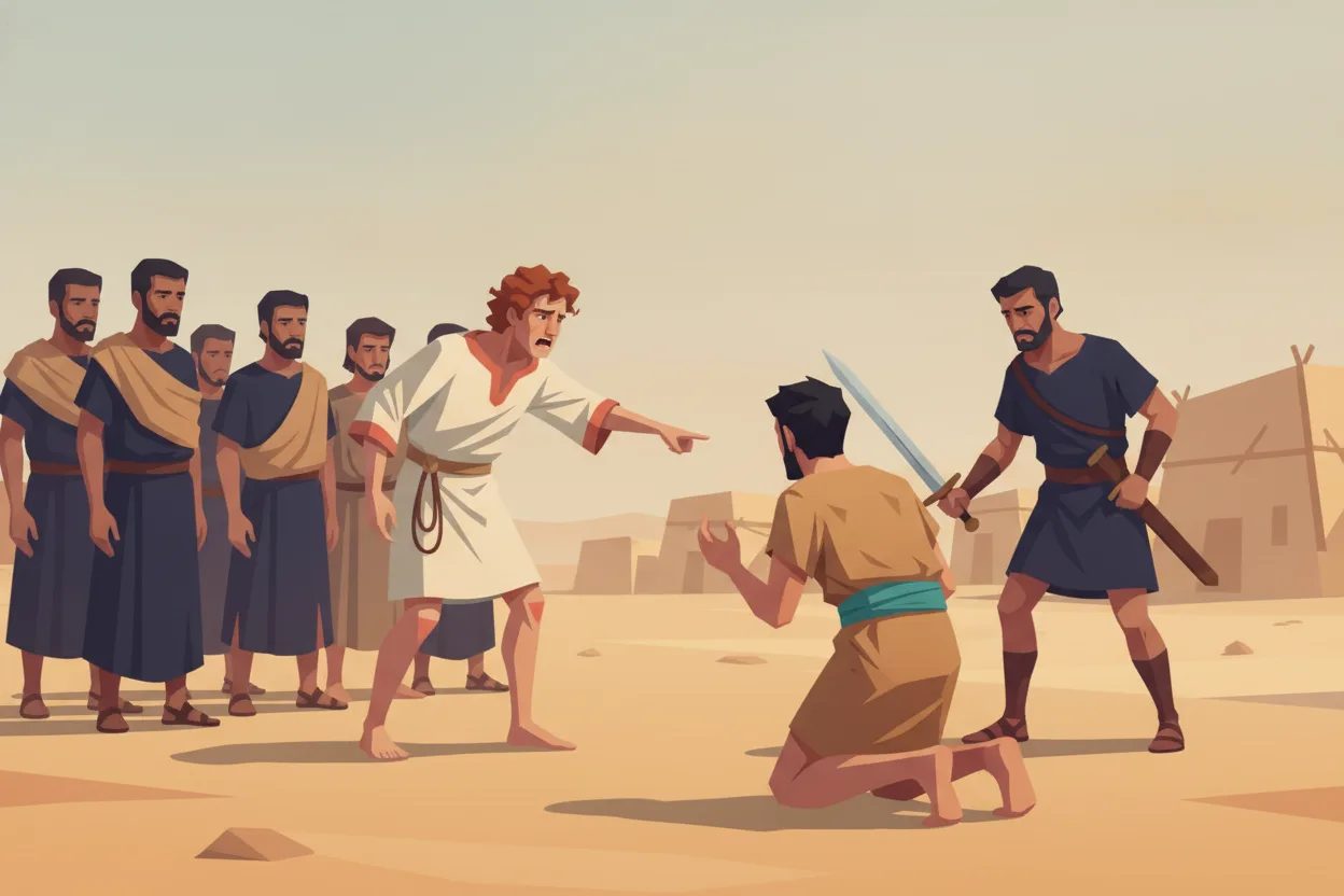 David accuses a kneeling, frightened Amalekite messenger, surrounded by soldiers.