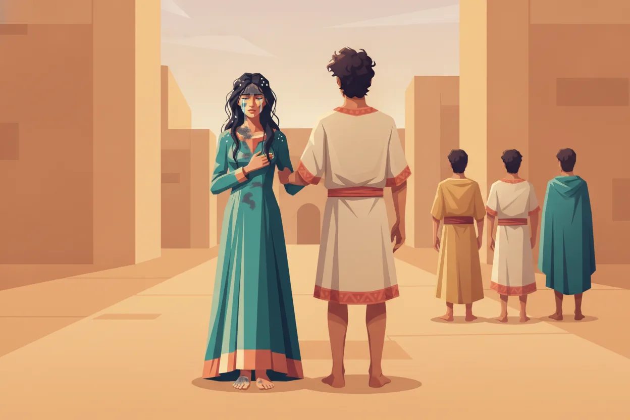 A weeping woman, ashes on her head, is led away by a hard-faced man.
