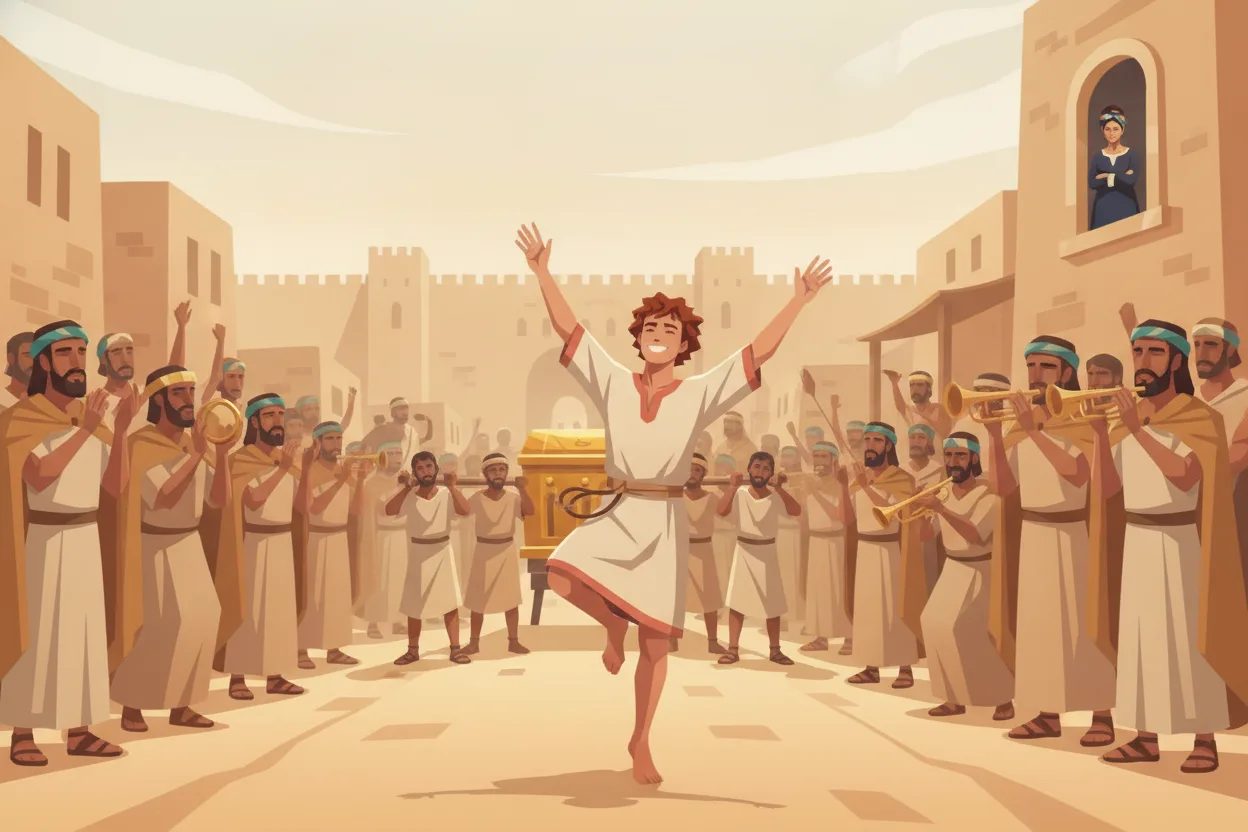 David dances with raised arms before a procession, watched with scorn from a window.
