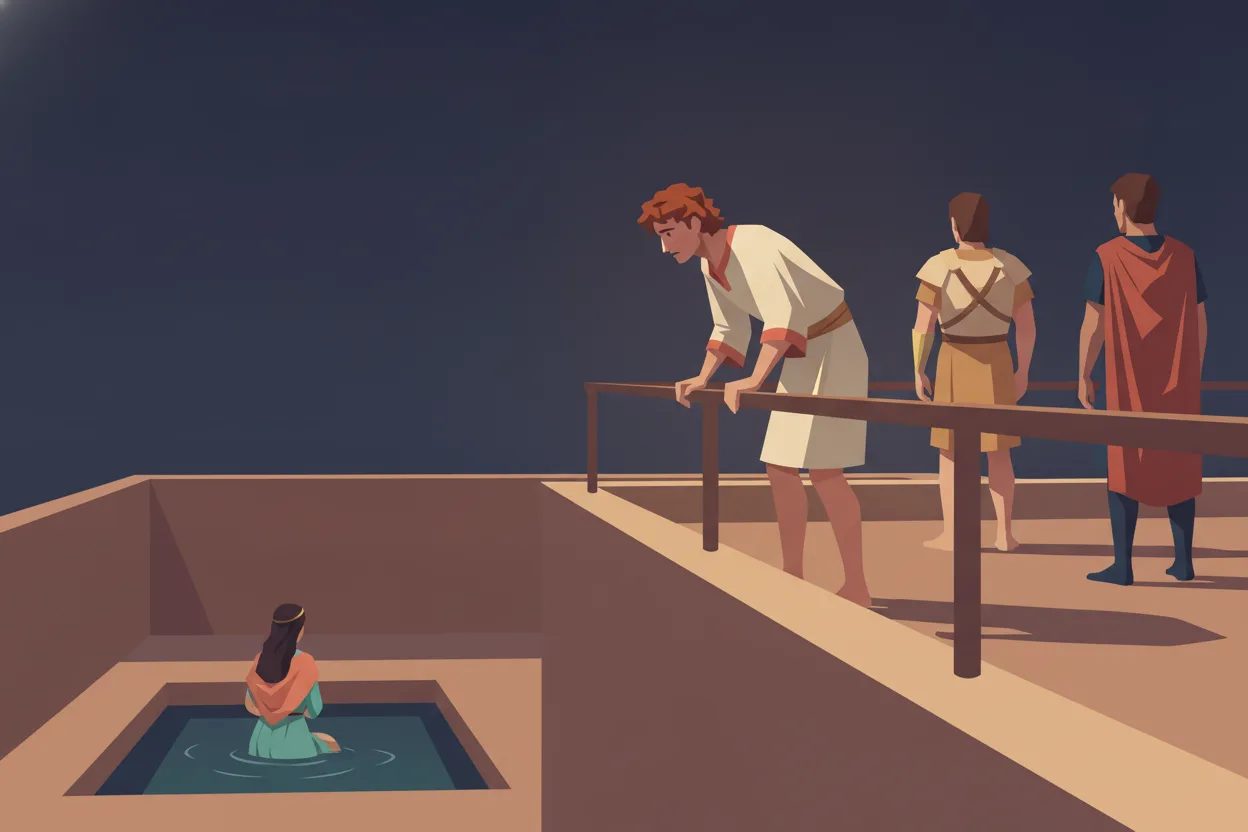A man on a rooftop watches a woman bathing in a courtyard below.