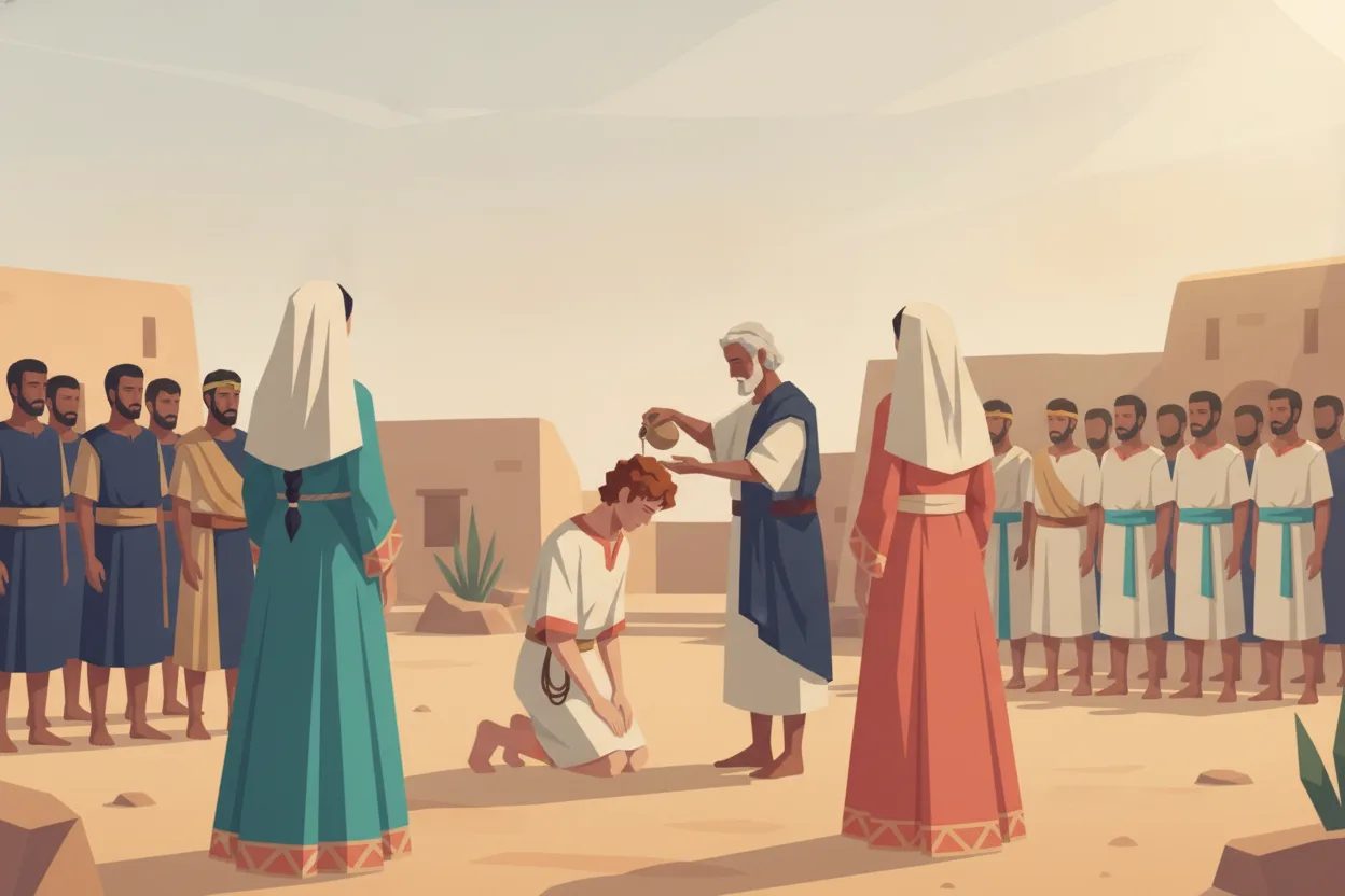 Men pour oil on the head of a kneeling David, before a crowd.