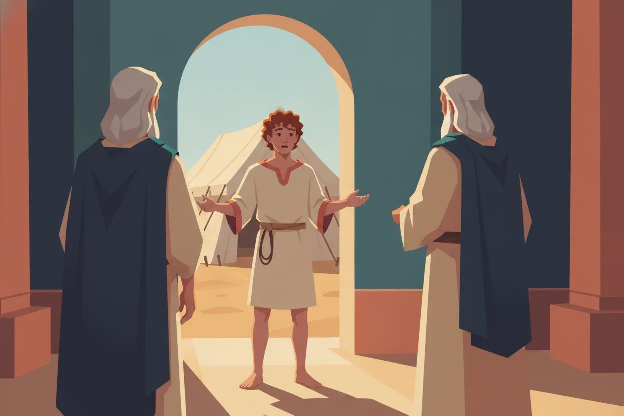 David points toward a distant tent while speaking to a man in a cream robe.