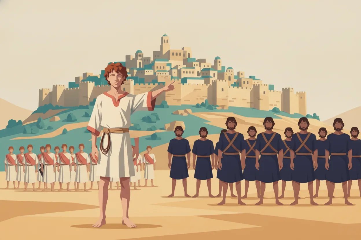 David points at a fortified city on top of a hill.