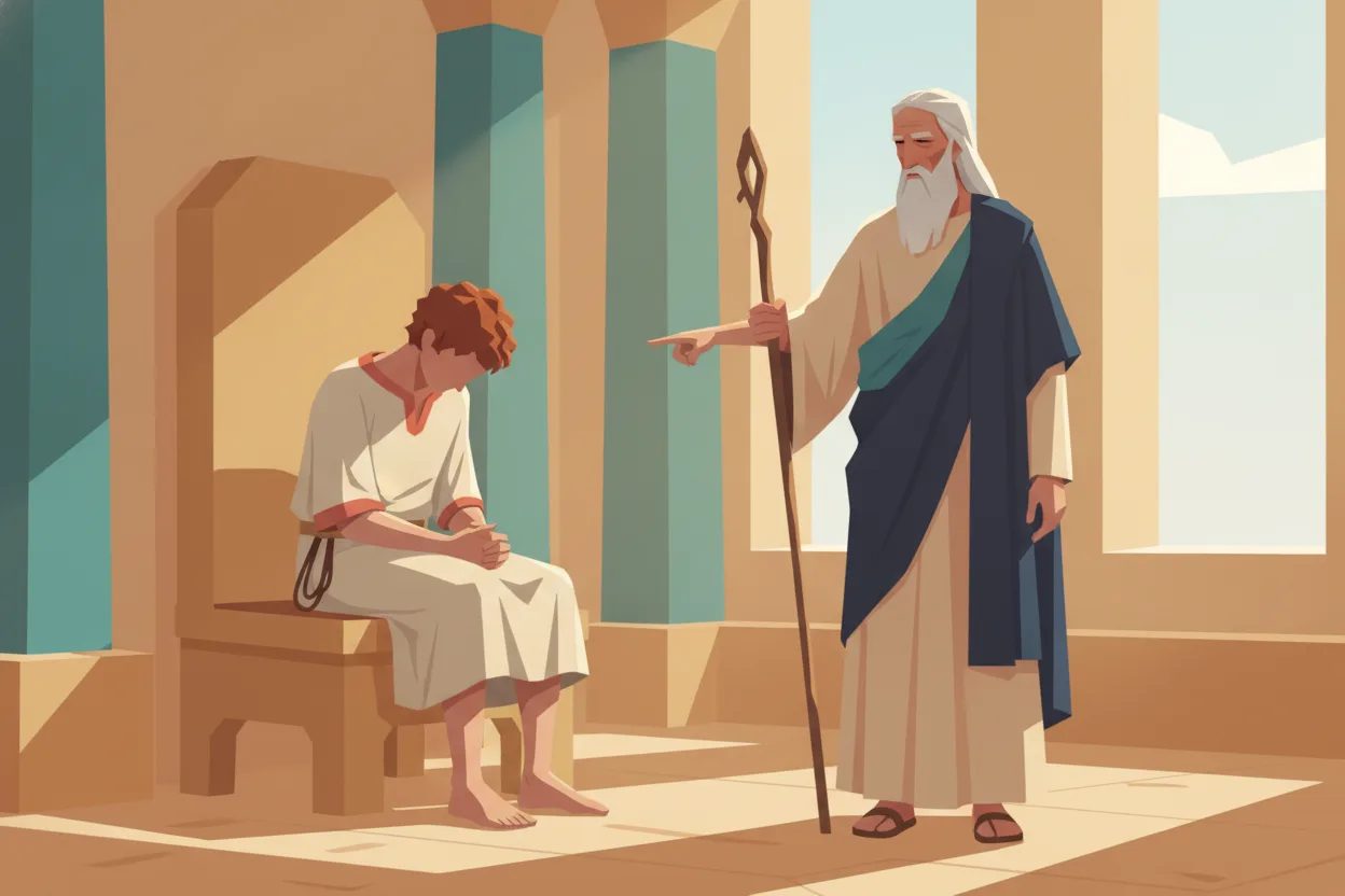 A seated king bows his head while a man points at him in reproach.
