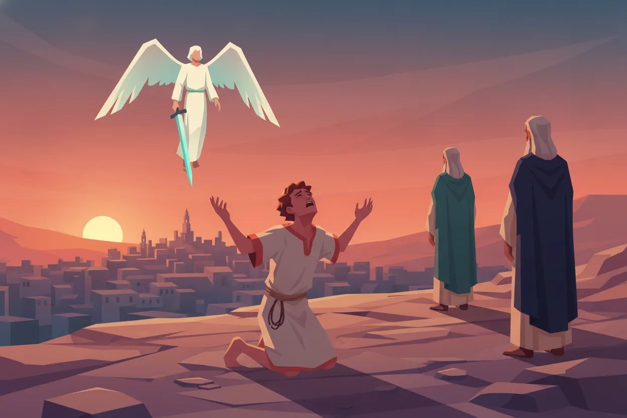 A kneeling man raises his arms and face toward the sky in prayer.