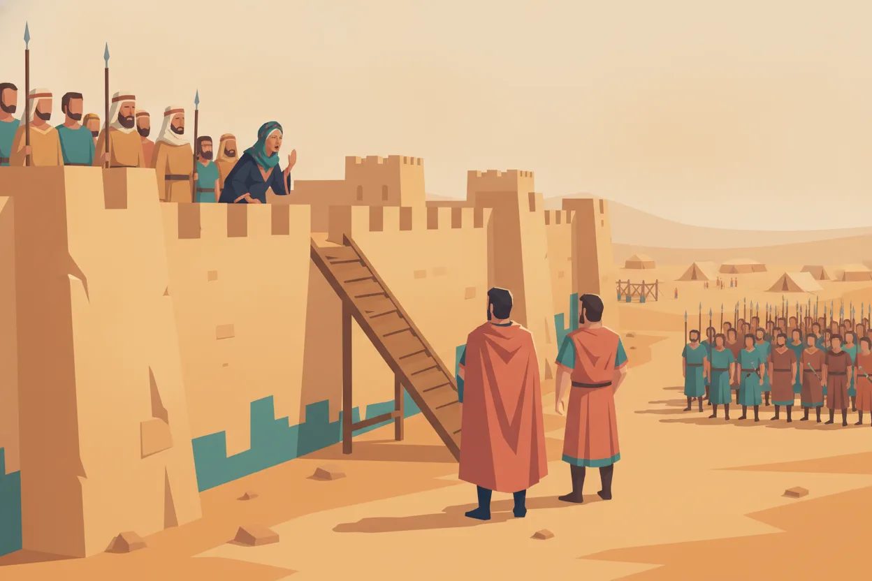 A woman standing on a city wall speaks to a general and his army below.