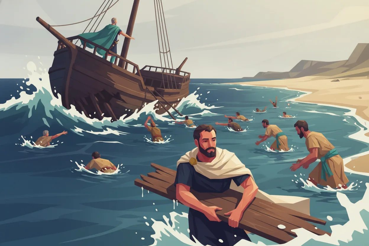 Hombres saltan de un barco roto y nadan o se aferran a tablas hacia la orilla.