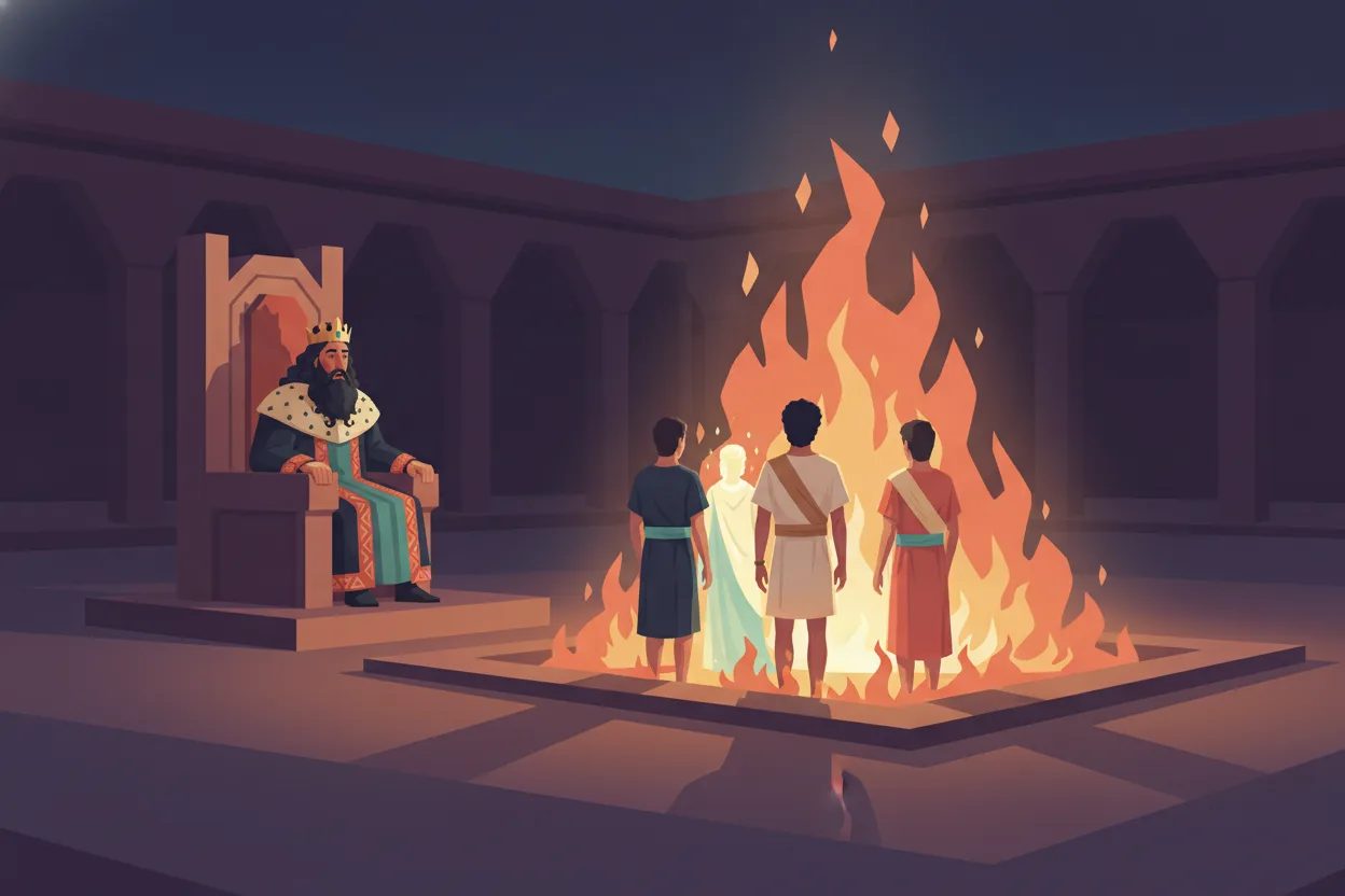 Three men walk unharmed through a blaze under the astonished gaze of a king.