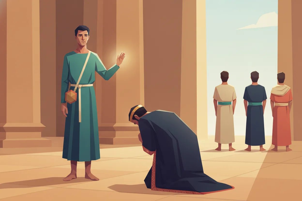 A king in a navy robe bows before a man in a turquoise tunic in a throne room.