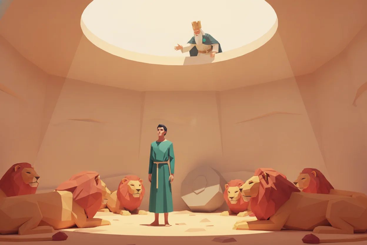 A man in a turquoise tunic emerges unharmed from a lions' den under a king's gaze.