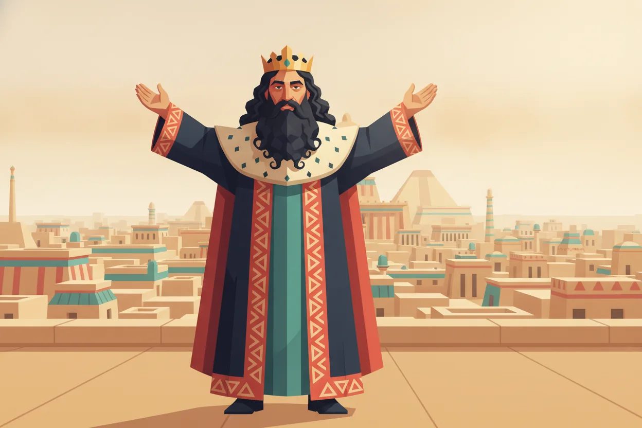 A king in a navy robe stands on a rooftop, arms raised, gazing at his city.