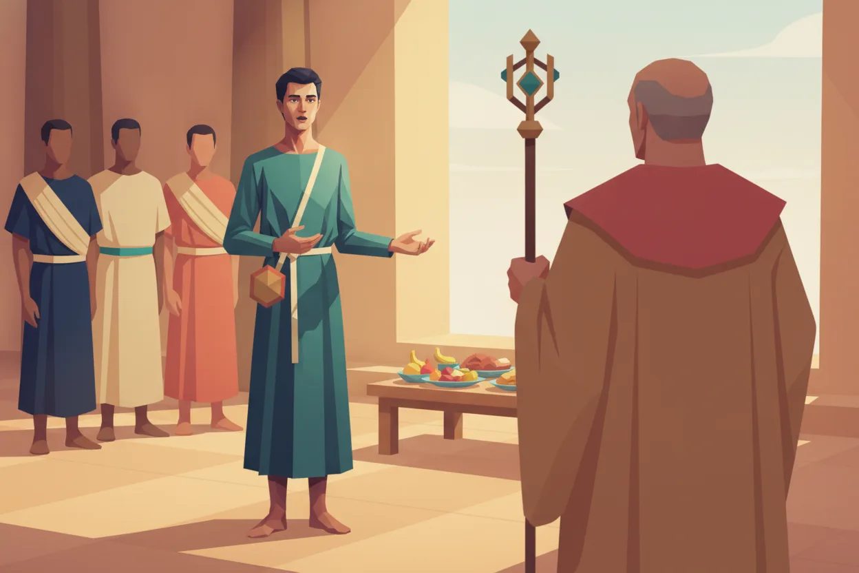 A man in a turquoise tunic speaks to a man in an ochre robe, three companions behind him.