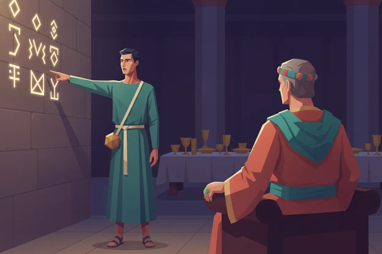 A man in a turquoise tunic points to writing on a wall before a frightened king on his throne.