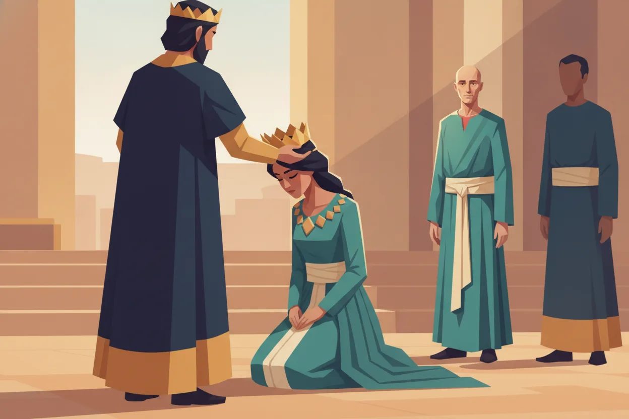 A kneeling young woman receives a royal crown before the court.