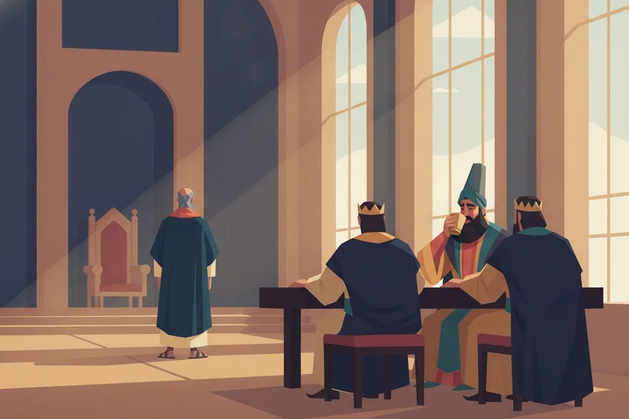 A man raises a cup arrogantly near the king, while another refuses to bow in the distance.