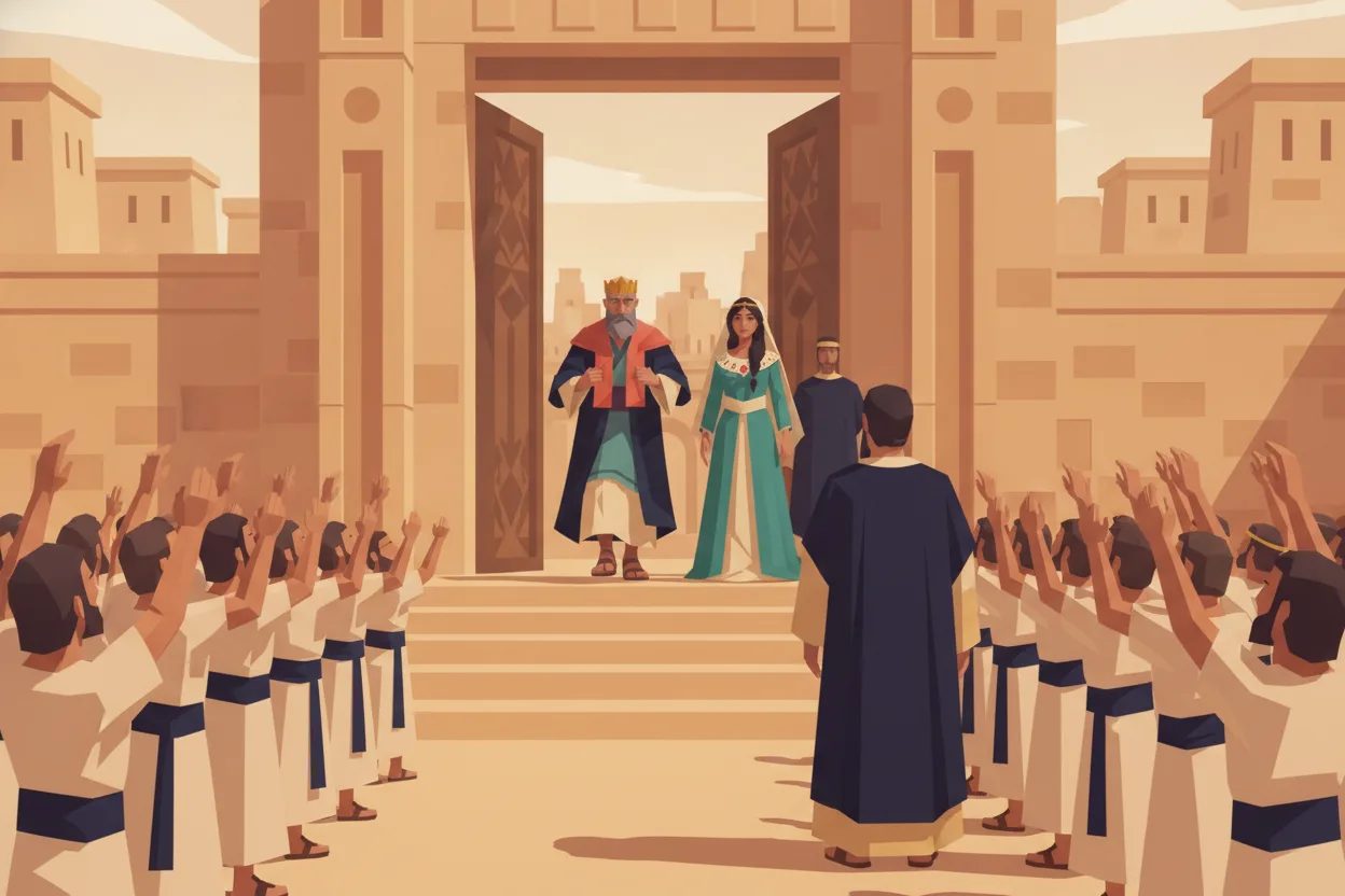 A crowned man proudly exits the palace gates amid the cheers of a joyful crowd.