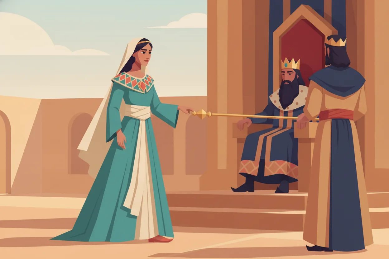 A woman reaches out to touch the golden sceptre offered by a king seated on his throne.