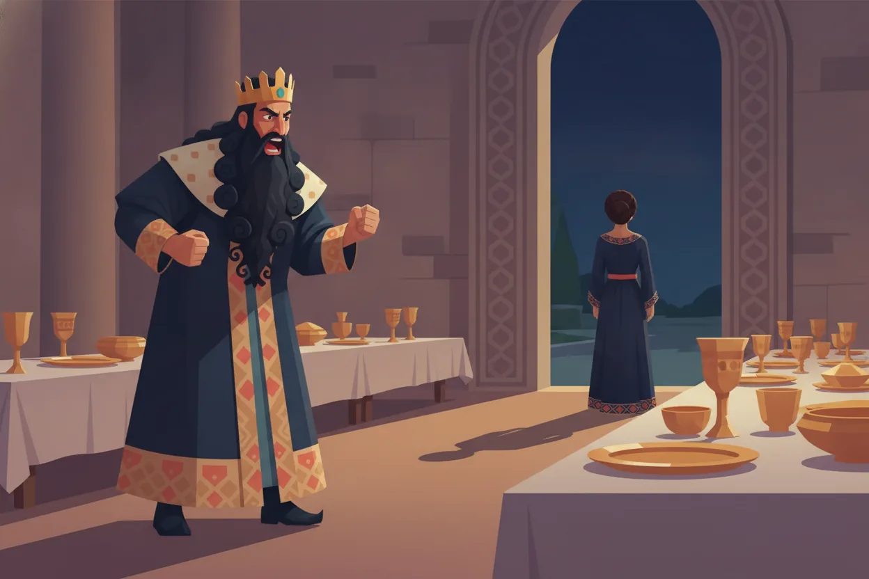 A furious king shouts at a door, where a distant queen refuses to approach.