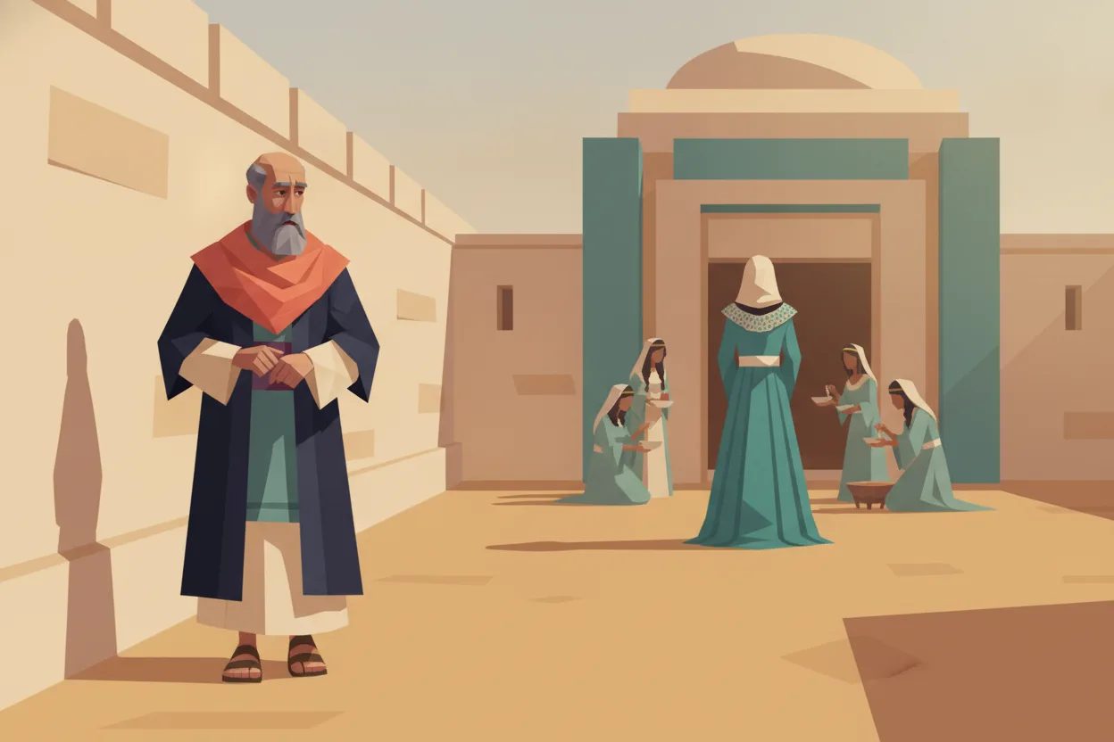 A man walks along a courtyard wall, watching anxiously a young woman surrounded by maids.