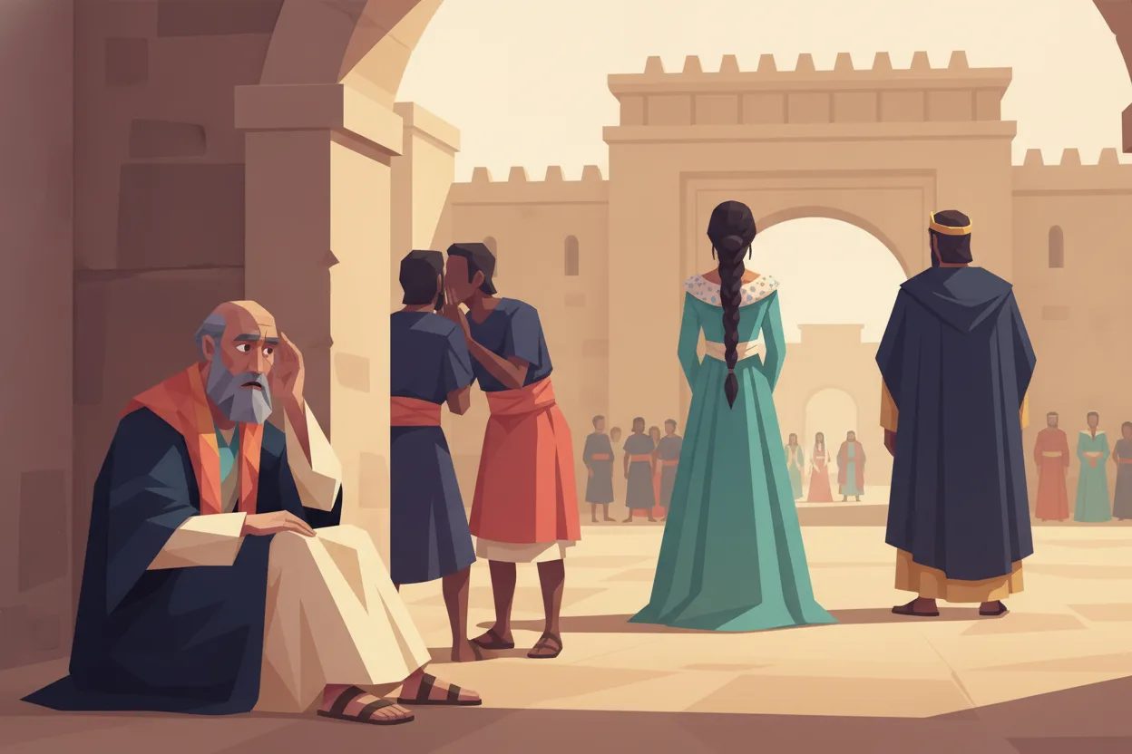 A man sitting near a palace gate secretly listens to two guards whispering.