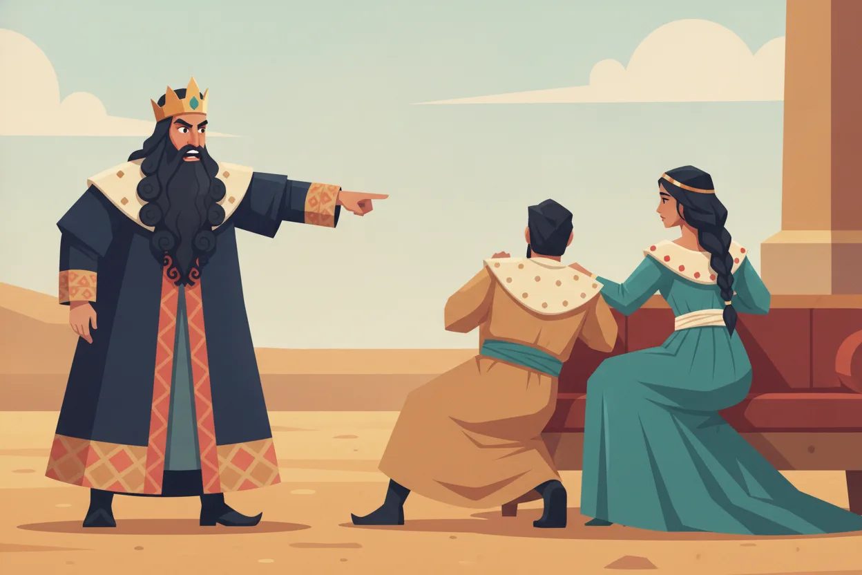 A furious king points an accusing finger at a man clutching a reclining woman's couch as she recoils.