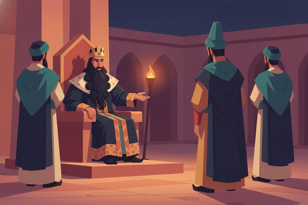 A king seated on his throne firmly orders a shocked, frozen man to honour another man.
