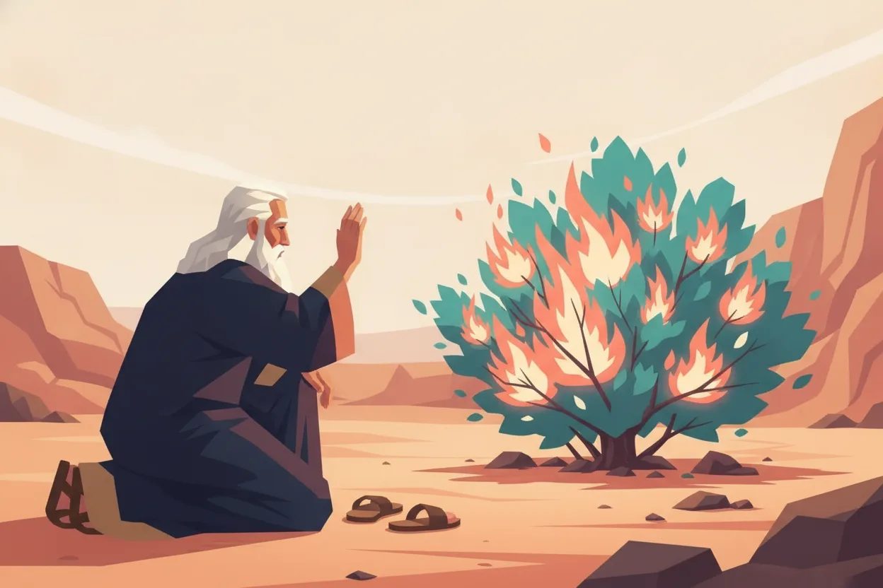 A kneeling man shields his face before a bush engulfed in flames.