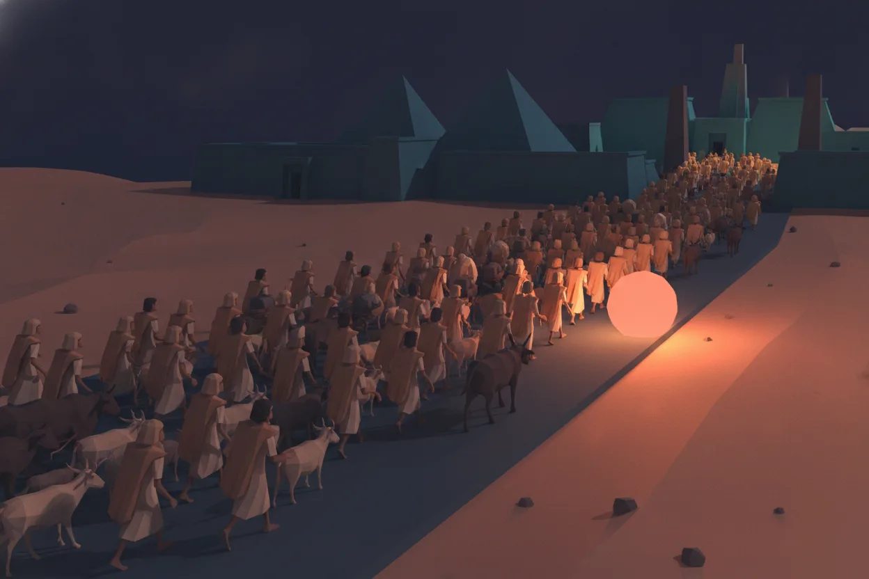A crowd walks quickly at night with herds and bags, fleeing a city.
