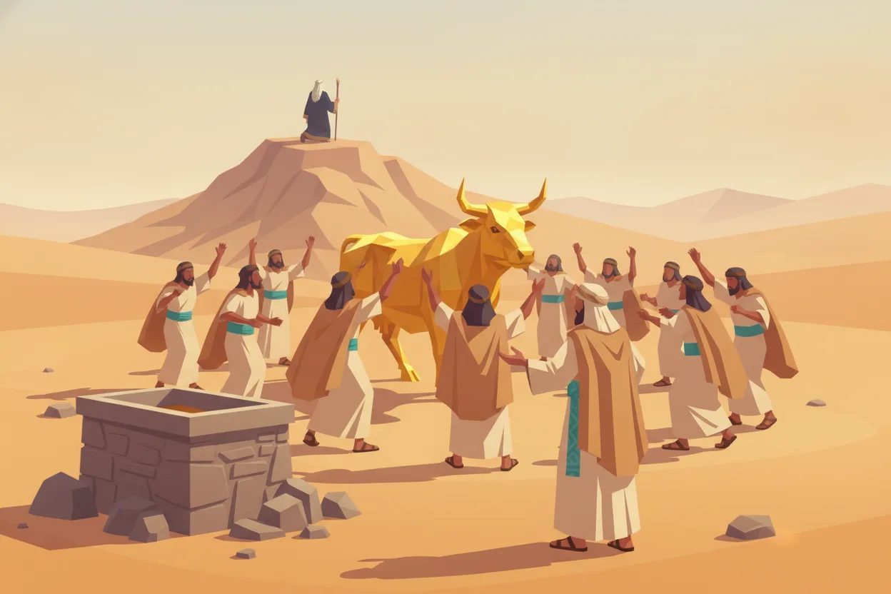 A crowd dances around a golden calf statue near a man standing at the altar.