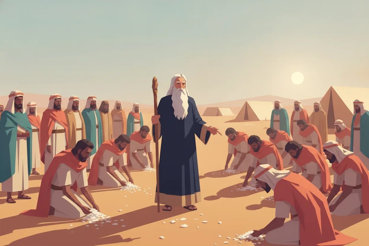 Kneeling people gather white grains from the ground as a man explains.