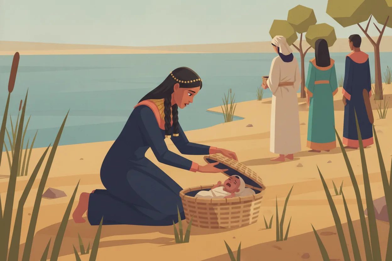 A woman opens a basket in the reeds and finds a crying baby inside.