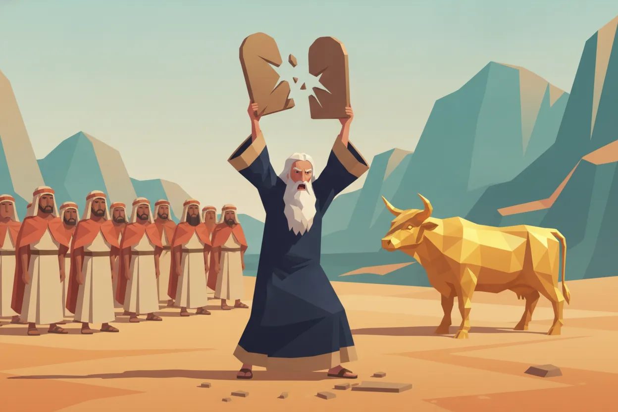 An angry man throws stone tablets to the ground, shattering before a crowd.