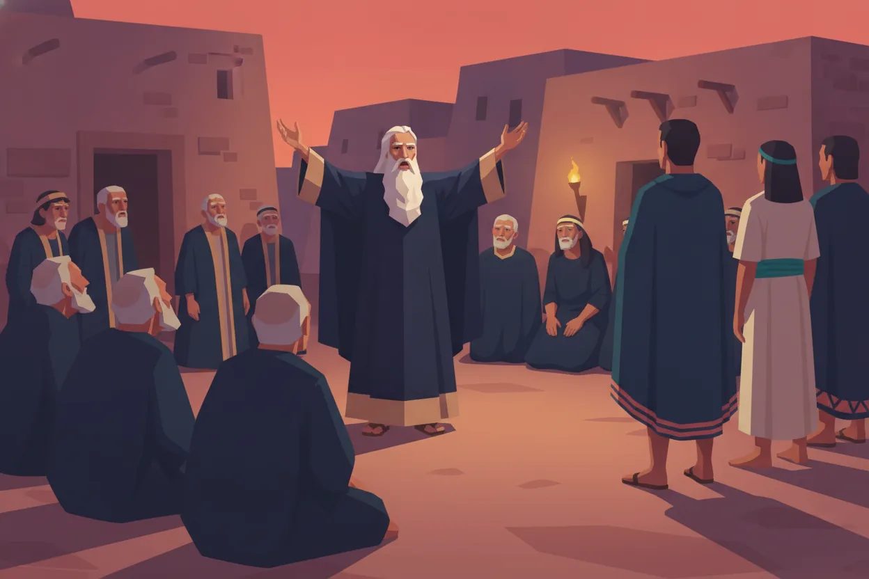A man with raised arms speaks urgently to a crowd gathered at dusk.