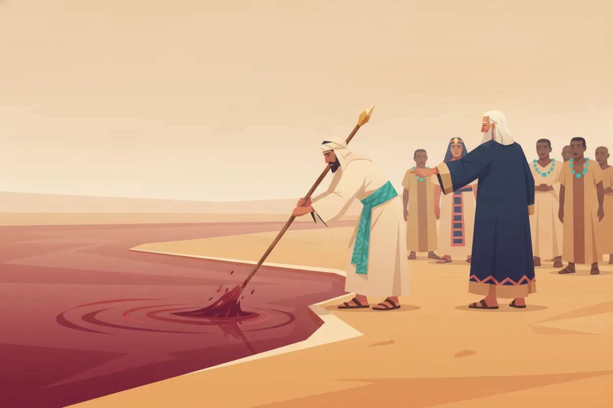 A man strikes a river's water with a staff, turning it into blood.
