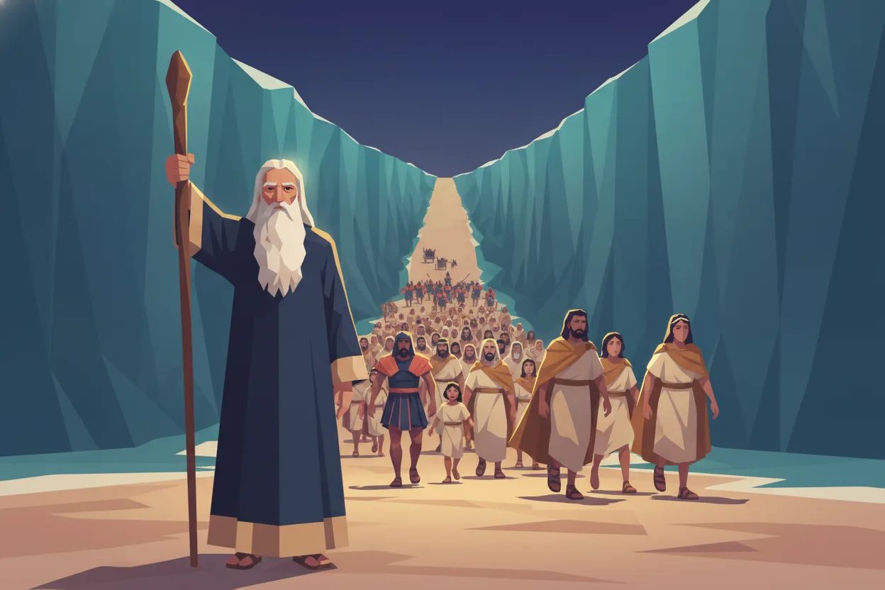 A man raises his staff as the sea splits into two walls of water.